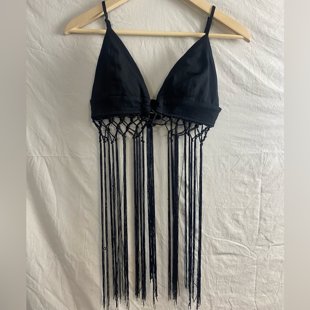 Small black cotton fringe festival bra bohemian rave